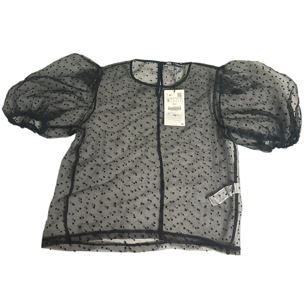 ZARA Sheer Polka Dot Puff Sleeve Blouse Small NWT Black Mesh Top